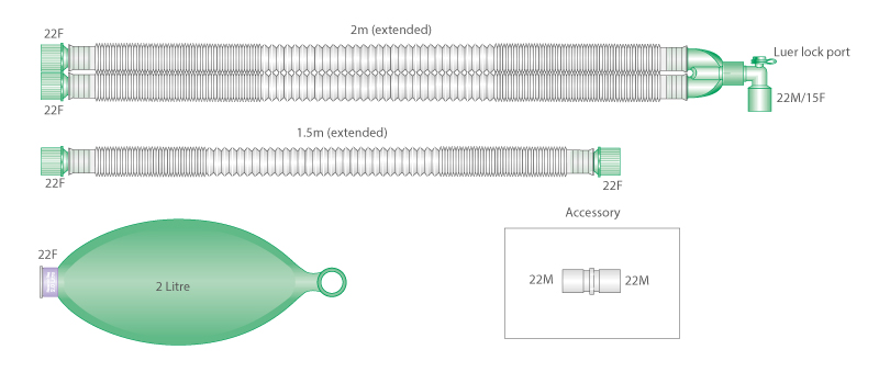 Circuito de anestesia Compact™ de 22 mm con bolsa de 2 litros, codo luer y extremidad, ≥ 2 m