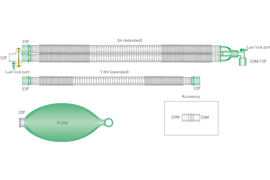Circuito de anestesia Compact™ de 22 mm con bolsa de 3 litros, codo luer, filtro y extremidad, ≥ 2 m
