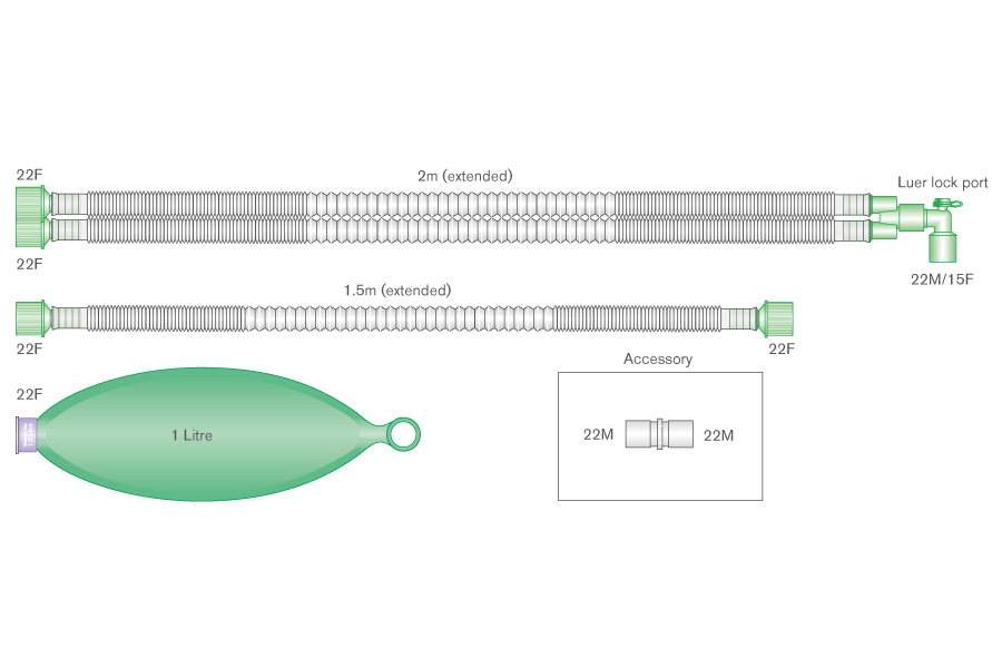 Circuito de anestesia pediátrico Flextube™ de 15 mm con codo luer, ≥ 1.6 m