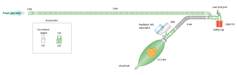 Circuito de anestesia en T infantil con bolsa de cola cerrada de 0.5 L, ≥ 1.8 m