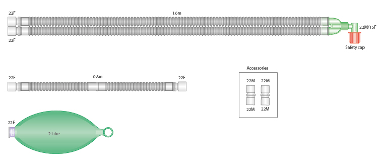 Circuito de Anestesia Flextube 22mm adulto con bolsa 2L, codo y ramal, ≥1.6m